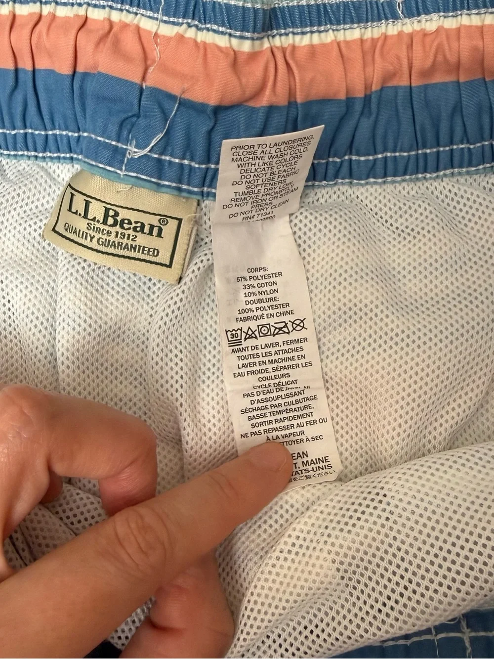 L.L. Bean Striped Coral and Blue Swim Trunks